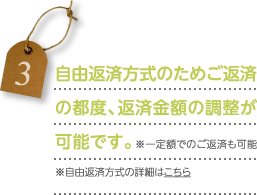自由返済方式のためご返済の都度、返済金額の調整が可能です。